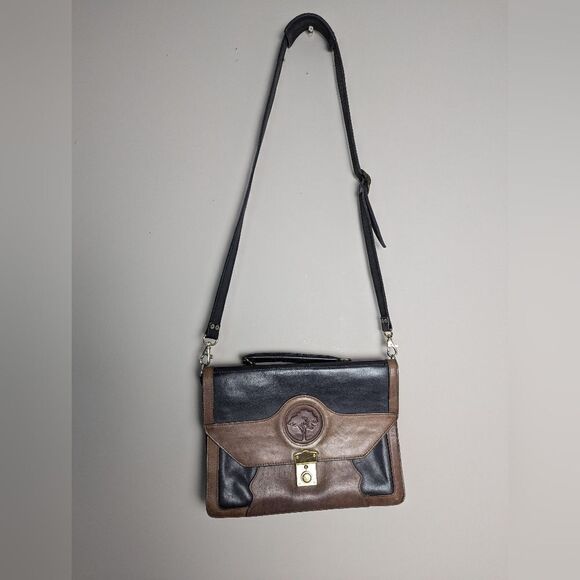 Leather shoulder bag brown and black multiple compartments - Picture 2 of 10